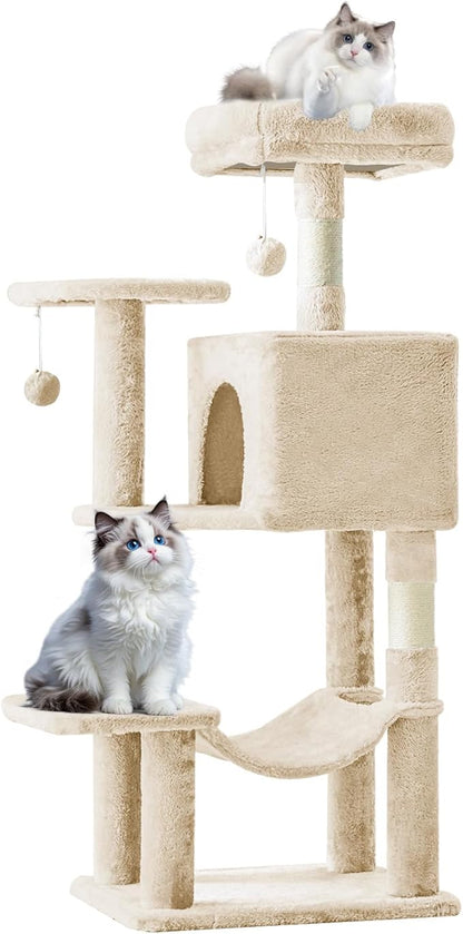 Sweetcrispy 44 inch Cat Tree Tower, Multi-Cat Climbing Tower with Condo, Natural Sisal Scratching Posts, Extended Platform, Hammock, Pet House for Indoor Cats and Kittens Play, Beige