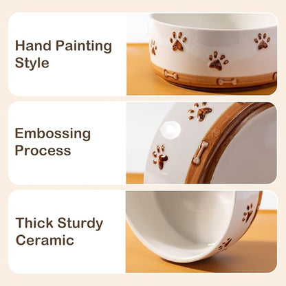 Ceramic Dog Bowls for Small and Medium Dogs, 32 OZ Dog Food and Water Bowl Set with Wooden Stand and Non-Slip Silicone Food Mat, Weighted Embossed Cute Puppy Bowls Feeding Dishes Set of 2