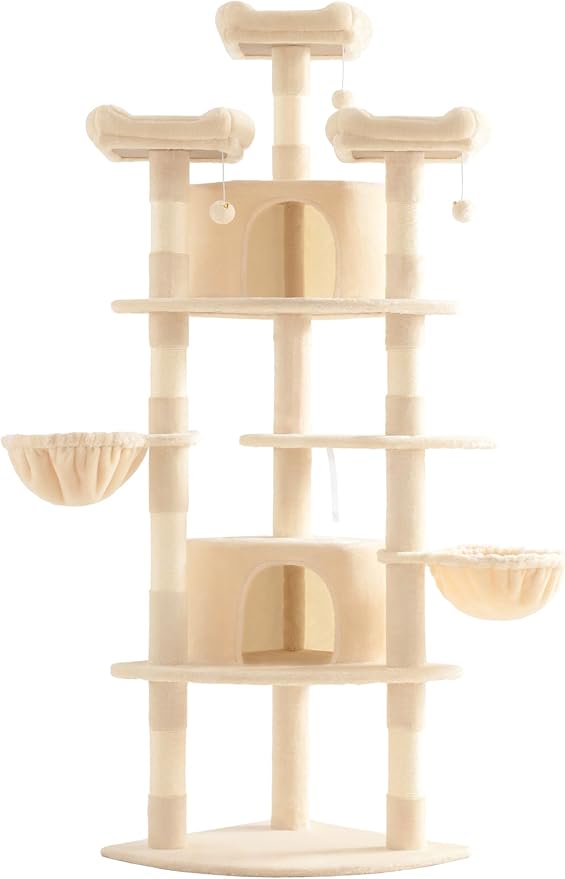 SHA CERLIN 73in Fan-Shaped Corner Cat Tower for Save Space/Multi-Level Tall Cat Tree for Indoor Kitties/Condo with Baskets/Cozy Perches/Sisal Scratching Posts/Pet Activity House/Beige