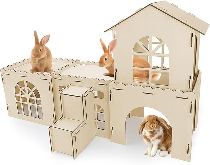 YUEPET Extra Large Wooden Bunny Castle, Ventilated Rabbit Castle Hideaway with Stairs, Detachable Small Animal Hideout & Habitats for Indoor Outdoor Dwarf Rabbits Bunnies to Hide & Play