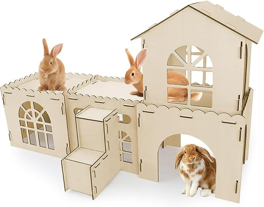 YUEPET Extra Large Wooden Bunny Castle, Ventilated Rabbit Castle Hideaway with Stairs, Detachable Small Animal Hideout & Habitats for Indoor Outdoor Dwarf Rabbits Bunnies to Hide & Play