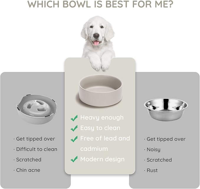 SPUNKYJUNKY 60OZ Ceramic Dog and Cat Bowl, Modern Cute Weighted Food Water Bowl for Replacement Grey (1 Pack)