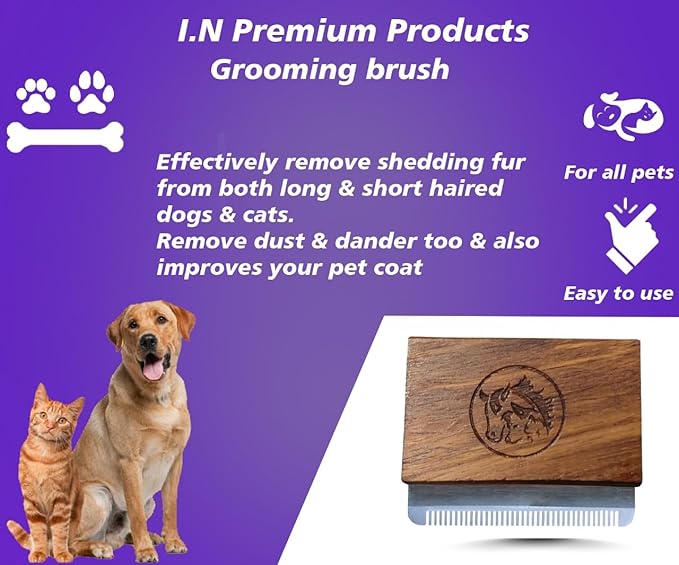 Deshedding Grooming Tools for Dogs Cats & Horse Easy Ergonomic Wooden Handle Professional Brush Grooming Tool, Remove painlessly 95 Percent of Lose Hair Fur & Dirt (5 inch) (2.5 inch)
