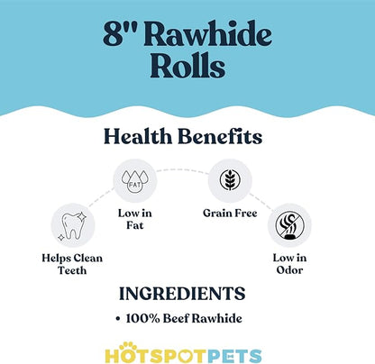 hotspot pets 8-9 Inch Large Rawhide Dog Chew Rolls (10 Pack) - Made from Grass Fed Cows - Great for Dental & Oral Care for Aggressive Chewers Large Dogs