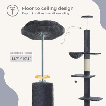 PEQULTI Cat Tree Floor to Ceiling, Tall Cat Tower, Adjustable Height (83''-108'') 5 Tiers Climbing Tree for Indoor Cats with Cat Condo, Scratching Post and Ladder, Dark Grey