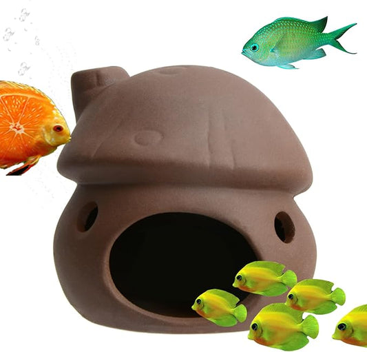 Ceramic Mushroom House Aquarium Decorations, Cichlid Caves Gold Fish House for Betta Goldfishes Cichlid to Rest, Breed, Hiding, Fish Tank Accessories - Brown