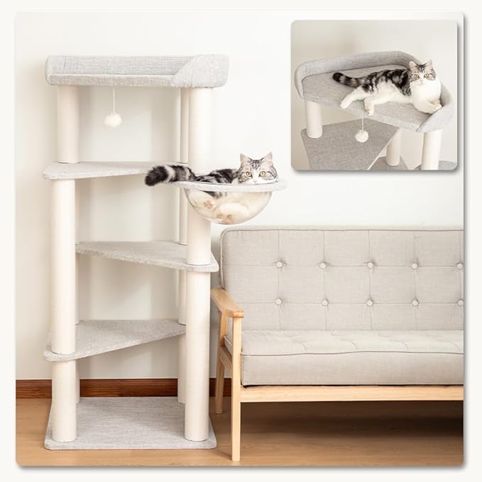 Cat Tree for Indoor Cats, 53” Tall Modern Cat Tower with Acrylic Bowl Bed & Multi-Level Platforms, Stable Cat Condo for Large Cats (Light Gray)