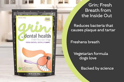 Grin Daily Dental Care Chews for Dogs, Grain Free Formula for Clean Teeth and Fresh Breath, Scientifically Formulated, Stop Plaque and Tartar with Antibacterials and Prebiotics, 4oz/25ct