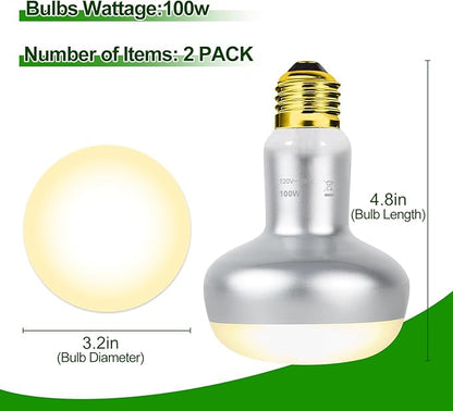100W Reptile Heat Lamp Bulbs 2 Pack, UVA Basking Light Bulb with Simulate Natural Sunlight & E26 Base - 3000Hrs Basking Heating Lamp Bulb for Bearded Dragons, Turtles, Snakes, Lizards