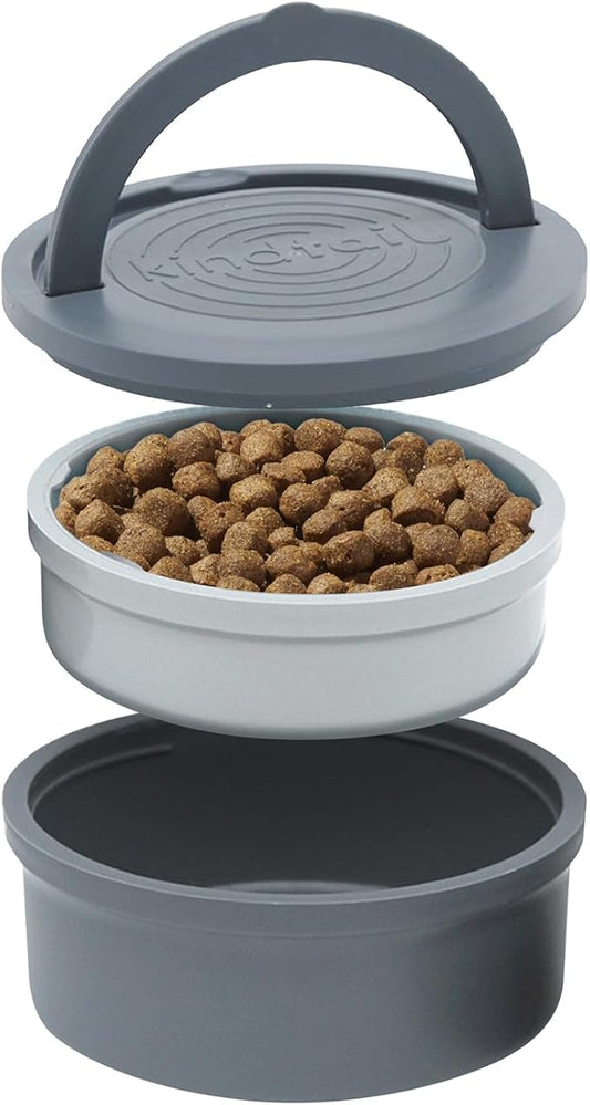 KindTail Portable Pet Feeder, Travel Dog Bowls with Lid and Handle, Microwave and Dishwasher-Safe, 10oz Inner Bowl & 20oz Outer Bowl, Grey