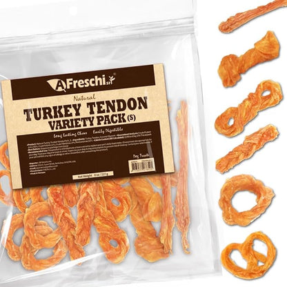 AFreschi Turkey Tendon Variety Pack (S) 8 oz, USA-Sourced Turkey Tendon, All Natural Puppy Chew, Hypoallergenic, Rawhide Alternative