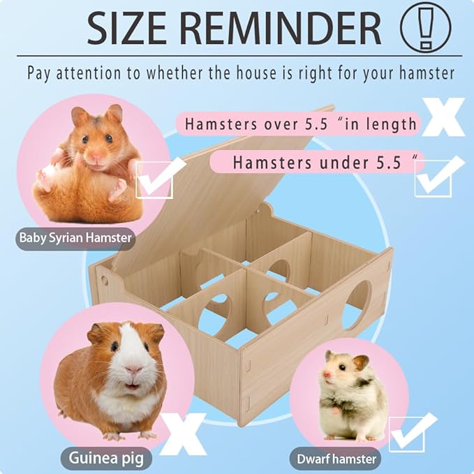 Hamster and Mouse Wooden Tunnel Cage Secret Peep Shed and Explore Hideout Flip Cover Design Hamster Play Tunnel
