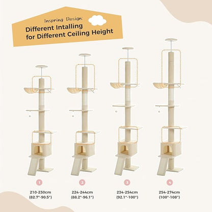 PEQULTI Cat Tree Floor to Ceiling, Tall Cat Tower, Adjustable Height (83''-108'') 5 Tiers Climbing Tree for Indoor Cats with Cat Condo, Scratching Post and Ladder, Beige