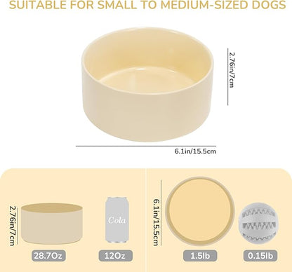 SPUNKYJUNKY 28.7OZ Ceramic Dog and Cat Bowl, Modern Cute Weighted Food Water Bowl for Replacement Beige (2 Pack)