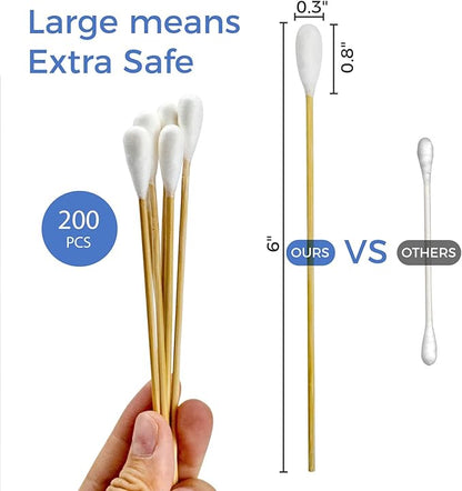 GOLD HONEY 6 Inch Large Cotton Swabs, 200PCS Dog Ear Swabs with Bamboo Handle for Dogs, Pet-Specific, Gentle Design, Lint-Free, Canine Cotton Stick Ear Cleaning