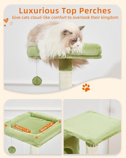 Taoqimiao Cat Tree, 61-Inch Cat Tower for Indoor Cats, Plush Multi-Level Cat Condo with 5 Scratching Posts, 2 Perches, 2 Caves, Hammock, 2 Pompoms, MS013SGR Green