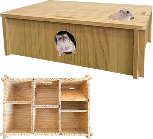 Multi Chamber Hamster House,Wooden Guinea Pig Maze Hideout Hut Interesting Multi-Room Tunnel Exploring Toys Hamsters Accessories for Guinea Pigs Dwarf Mice Gerbil Small Rodents