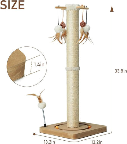 PEEKAB Cat Scratching Post 33 Inches Tall Large Sisal Scratch Posts with Track Ball Toys for Indoor Cats and Kittens,Vertical Scratcher Toy Beige