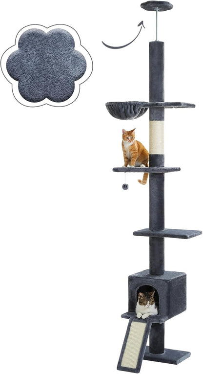 PEQULTI Cat Tree Floor to Ceiling, Tall Cat Tower, Adjustable Height (83''-108'') 5 Tiers Climbing Tree for Indoor Cats with Cat Condo, Scratching Post and Ladder, Dark Grey
