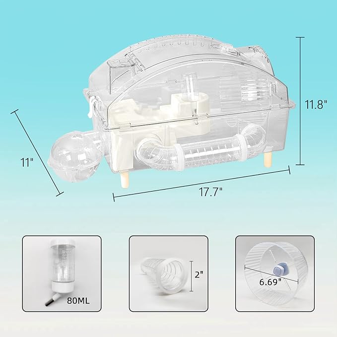 Tfwadmx Dwarf Hamster Cage,Acrylic Rat Cage,Hamster Home Small Animal Cages with Tube Exercise Wheel Mouse Habitat for Gerbils Mice 17.7”x11”x11.8”