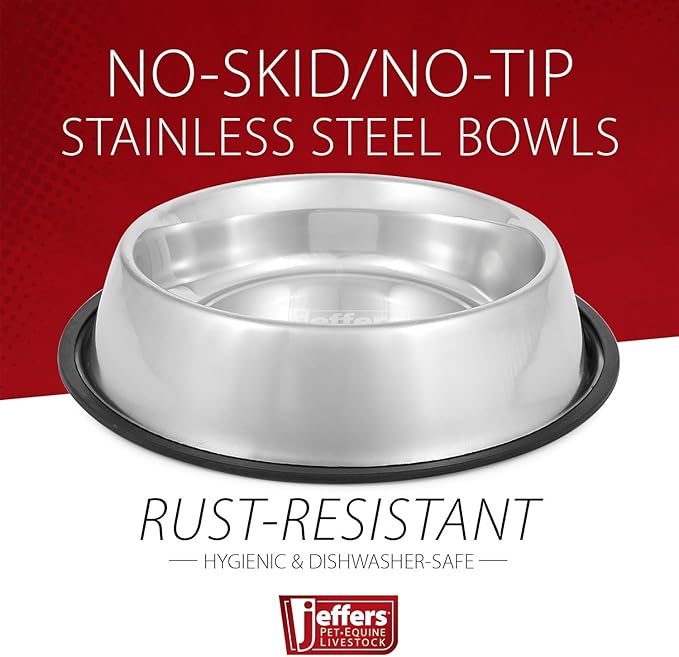 Jeffers Pet Stainless Steel Dog Bowl – No Skid, No Tip Food & Water Bowls for Puppies, Small, Medium, Large Breeds – Heavy Duty, Dishwasher Safe Feeder for Indoor, Outdoor, Travel Use – 3 Quart