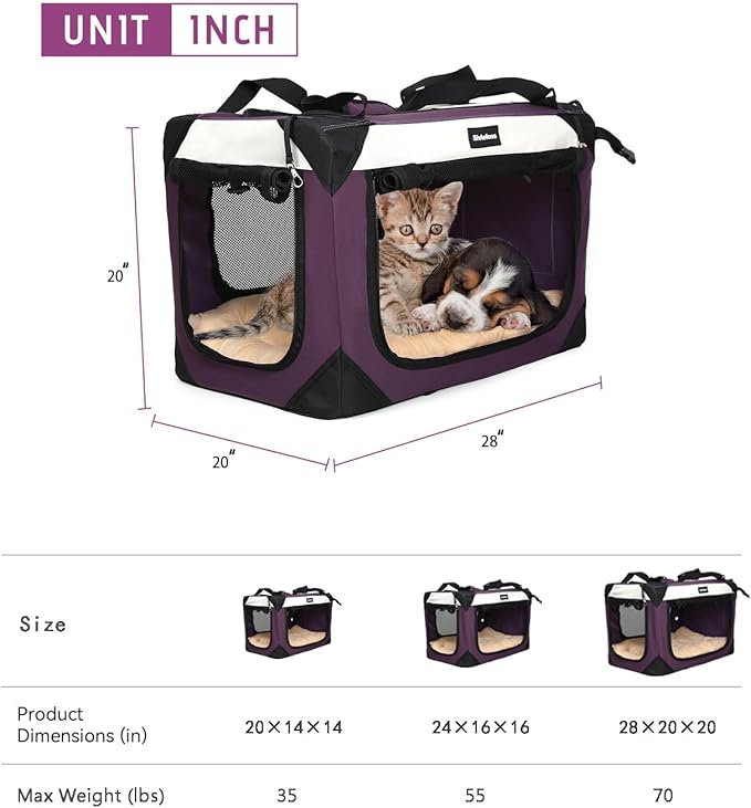 Collapsible Dog Travel Crate,Portable Soft-Sided Pet Carrier Extra Large Cat Carrier with Soft Plush Plush Mat for Indoor and Outdoor,28x20x20in,Purple