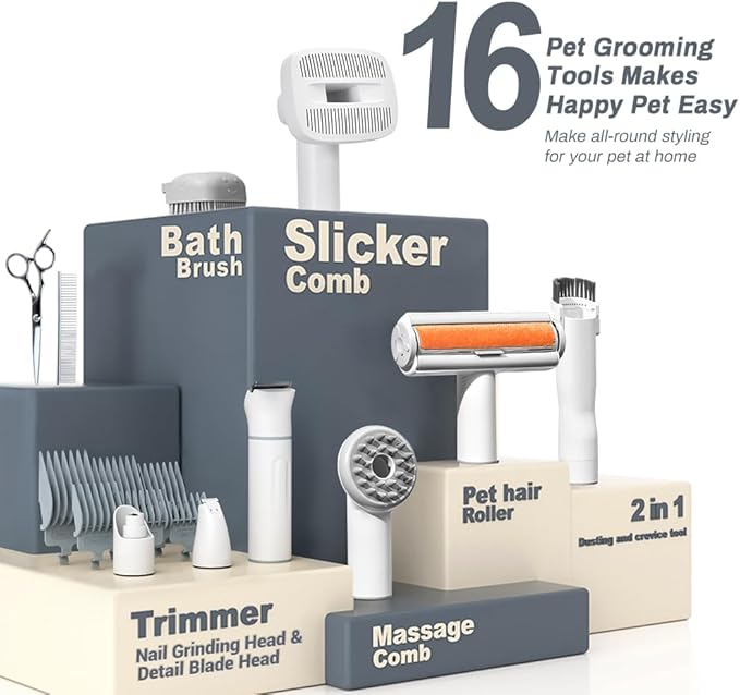 Bunfly Dog Grooming Kit,13000Pa Strong Grooming & Vacuum Suction 99.99% Pet Hair, 16 Pet Grooming Tools for Dogs Cats, 3L Large Capacity Dust Cup, Quiet Pet Vacuum Groomer (Silver & White)