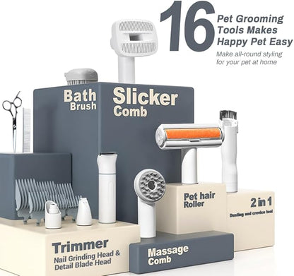Bunfly Dog Grooming Kit,13000Pa Strong Grooming & Vacuum Suction 99.99% Pet Hair, 16 Pet Grooming Tools for Dogs Cats, 3L Large Capacity Dust Cup, Quiet Pet Vacuum Groomer (Silver & White)