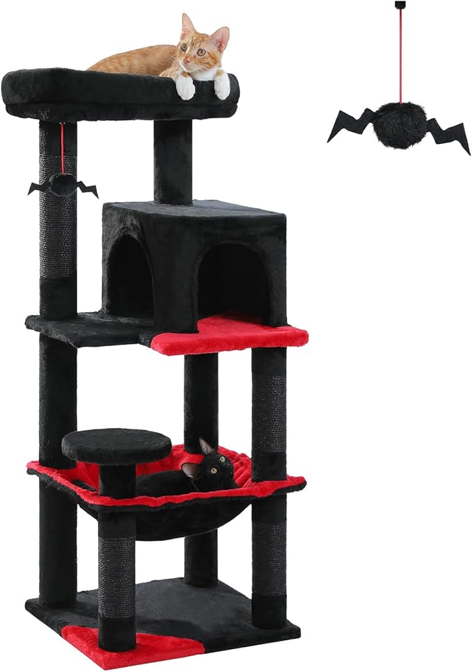 PEQULTI 45.7'' Gothic Cat Tree for Indoor Cats with Metal Frame Big Hammock, Cat Tower for Small or Medium Cats with Cat Condo House, with Scratching Posts and Top Perch, Black