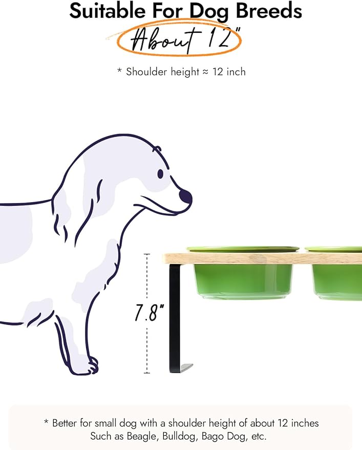 Elevated Dog Bowls, Raised Dog Bowl Stand with Two 6.5 inch Ceramic Bowl, Non-Slip Puppy Food and Water Bowls, Dogs Feeder for Small and Medium Breed,Green