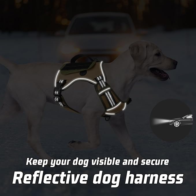 WINGOIN Tactical Dog Harness for Medium Dogs, No Pull Harness with Handle 2 Pockets Poop Bag, Reflective Dog Vest, Military Service Heavy Duty Big Dog Harness for Walking Hiking Training (Khaki, M)