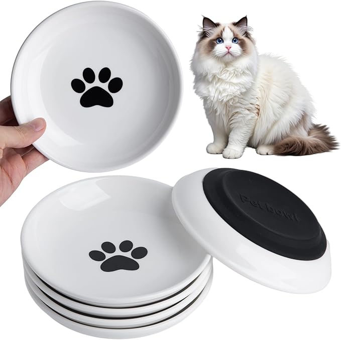 Cat Food Bowl Set of 6, Ceramic Cat Bowls, Anti Whisker Fatigue Cats Bowl Set,5.9 Inches Shallow Wide Kitten Plates with Silicone Base for Wet/Dry Food, Indoor Pets(Paw)