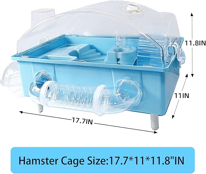 Tfwadmx Dwarf Hamster Cage,Acrylic Rat Cage,Hamster Home Small Animal Cages with Tube Exercise Wheel Mouse Habitat for Gerbils Mice 17.7”x11”x11.8”, Blue