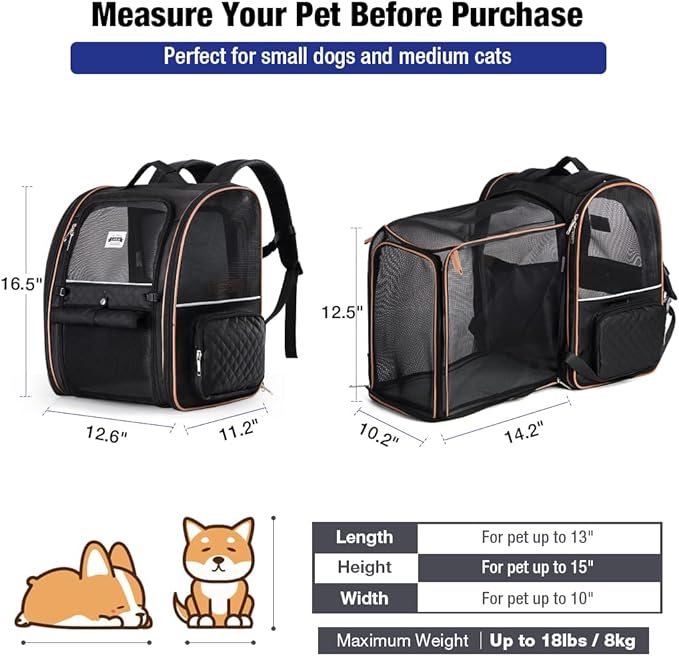Lekebobor Large Cat Backpack Carrier Expandable Pet Carrier Backpack for Small Dogs Medium Cats Fit Up to 18 Lbs, Dog Backpack Carrier, Foldable Puppy Backpack Carrier for Travel,Quilted Black