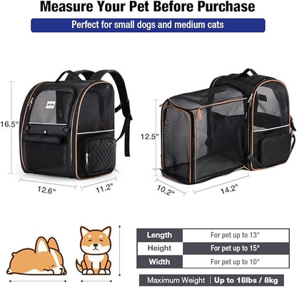 Lekebobor Large Cat Backpack Carrier Expandable Pet Carrier Backpack for Small Dogs Medium Cats Fit Up to 18 Lbs, Dog Backpack Carrier, Foldable Puppy Backpack Carrier for Travel,Quilted Black