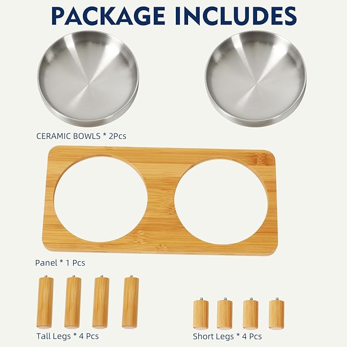 Elevated Cat Bowls for Indoor Cats – Raised Bamboo Cat Food Table with 2 Stainless Steel Dishes, Adjustable Height (4.25"/3.07"), Whisker Friendly Feeding Station