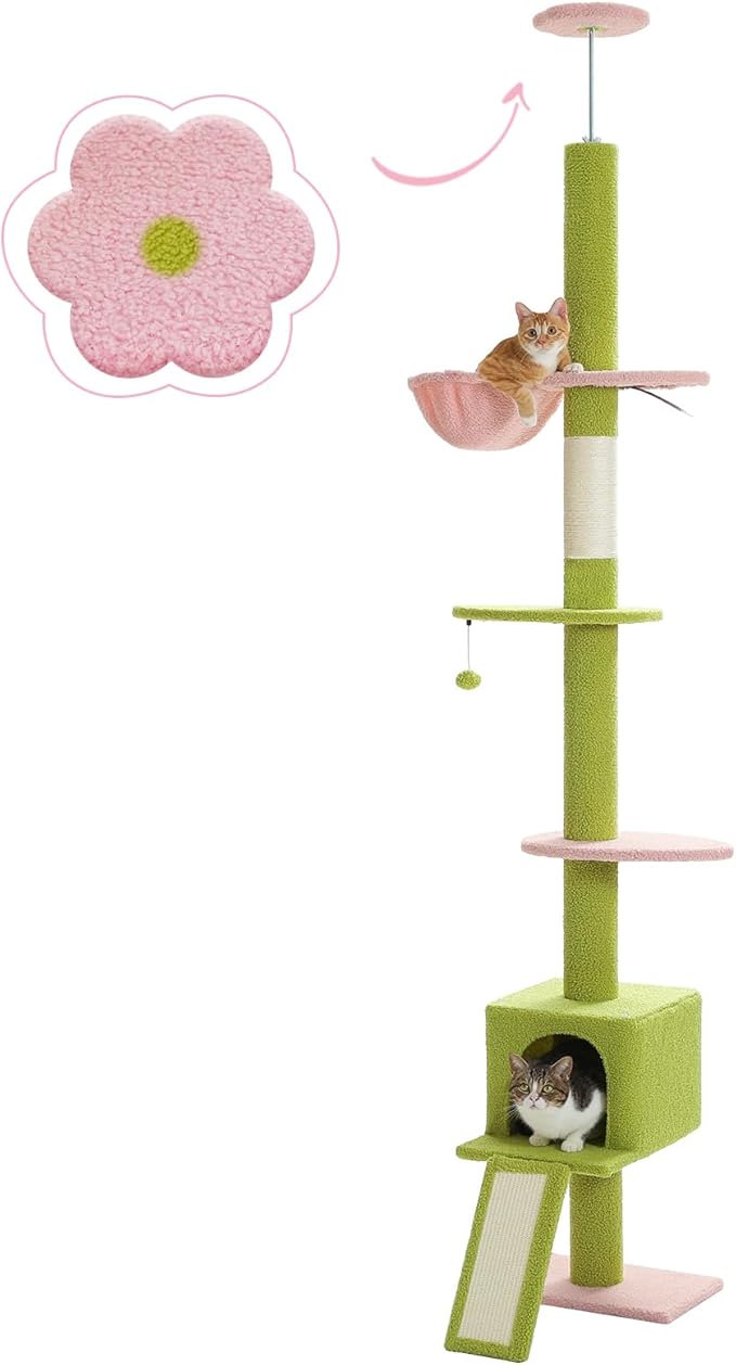 PETEPELA Floor to Ceiling Cat Tree[83"-108"], Cat Tower 5 Levels, Height Adjustable, Cat Scratching Post with Top Perches and Spacious Condo for Large Indoor Cats, Pink