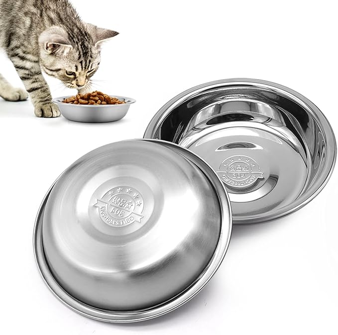 2 PCS Stainless Steel Cat Bowl - Shallow Wide Flat Cats Food Bowls,Metal Kitten Dishes Whisker Friendly Fatigue Relief,Replacement Basic Kitty Plates for Elevated Stand,Dishwasher Safe…