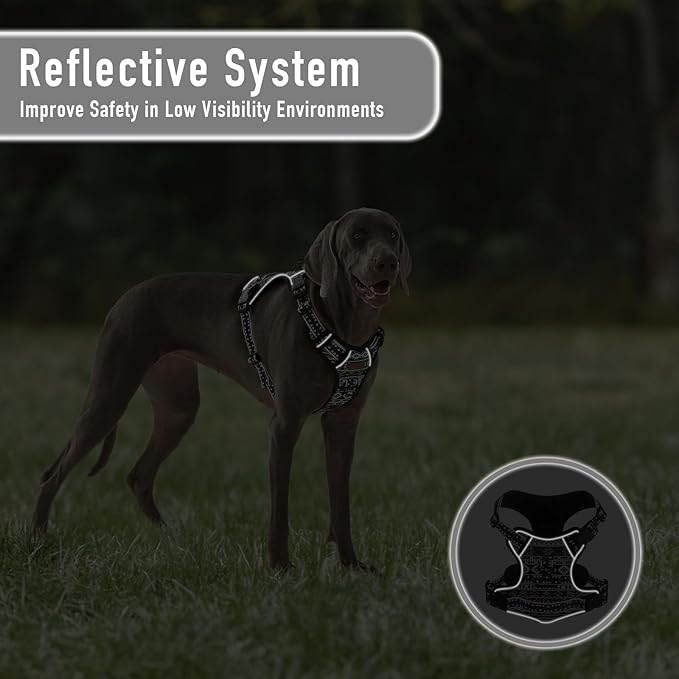 Black Dog Harness for X-Large Dog Breeds, Easy on Easy Off Vest, No Pull Adjustable Pet Harness with Handle, Reflective Dog Vest for Walking Hiking Training, Black Ethnic, XL