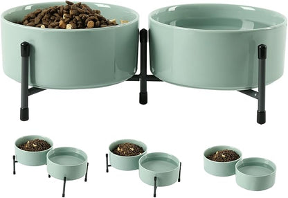 OMAYKEY 32 OZ Ceramic Dog Cat Bowl Set of 2 with Elevated Metal Stand - 6 Inch Ceramic Round Pet Food and Water Feeder Bowl Dish for Cats & Dogs - Light Green