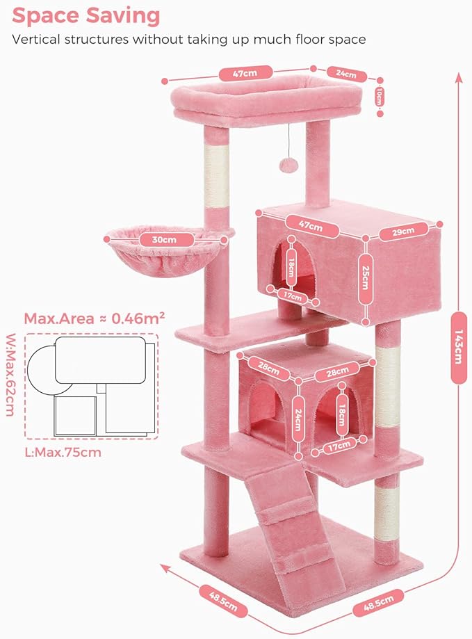 PEQULTI 56.3'' Cat Tree for Large Cats with Super Large Top Perch, Tower for Indoor Cats with Hammock and Sleeping Bag, Cat Shelves with Scratching Posts and 2 Condos Houses Pink