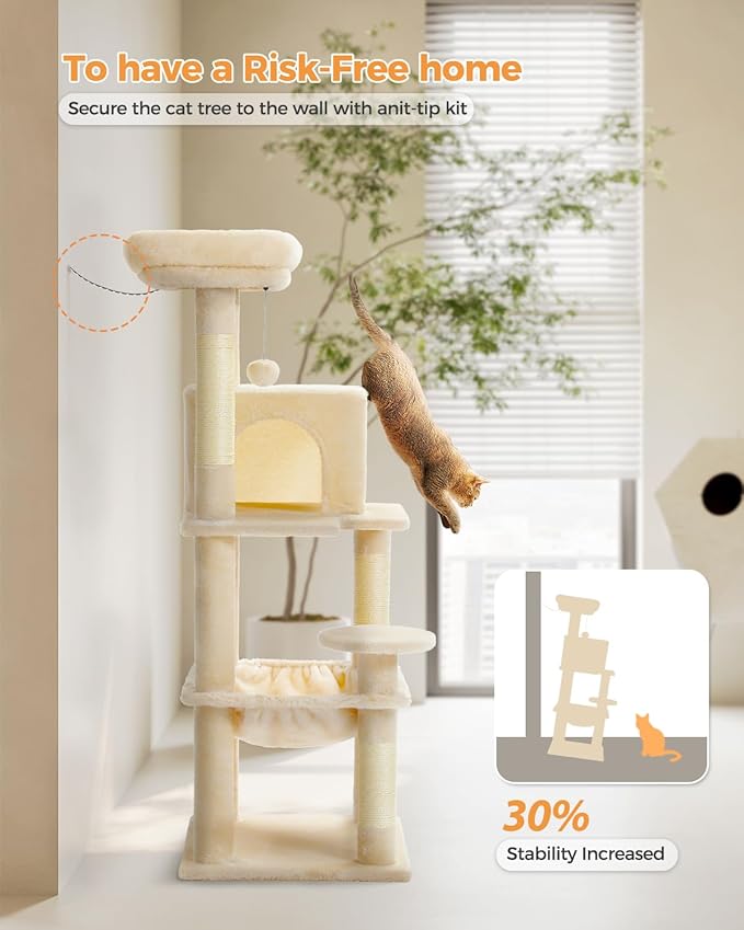 PEQULTI 45.7'' Cat Tree for Indoor Cats with Metal Frame Big Hammock, Cat Tower for Small or Medium Cats with Cat Condo House, with Scratching Posts and Top Perch, Beige