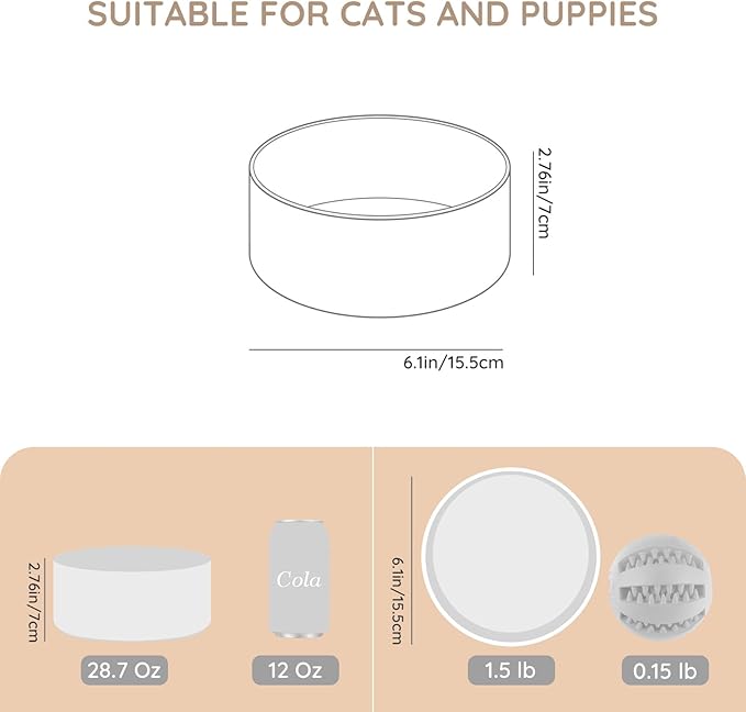 SPUNKYJUNKY 28.7OZ Ceramic Dog and Cat Bowl, Modern Cute Weighted Food Water Bowl for Replacement White (2 Pack)