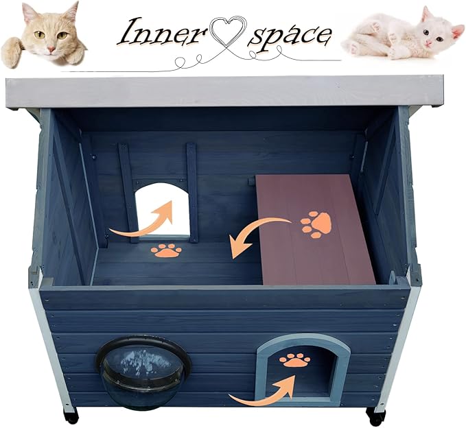 Rockever Outdoor Cat House, Feral Cat House Outdoor Weatherproof with Escape Door and Clear Windows for 2 Cats（Blue）