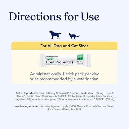 Honest Paws Probiotics for Dogs - Digestive & Immune Support Powder with Prebiotic Made in The USA, Chicken Flavor (30 Sticks)