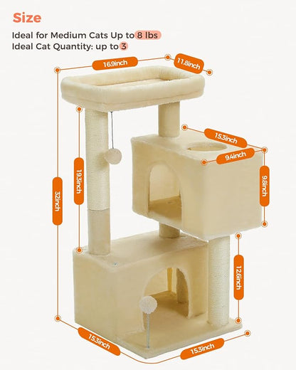 32" Cat Tree Tower for Indoor Cats - 2 Cozy Condos, Multi-Level Cat Scratching Posts with Sisal, Soft Padded Perch, 2 Dangling Toys, Beige