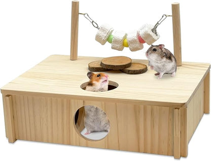 kathson Hamster Multi-Chamber Hideouts, Wooden House Maze Tunnels Exploring Toy Small Animal Activity Sport Playground Platform with Chew Molar Stone Toys for Dwarf Hamster Gerbils Mice Syrian