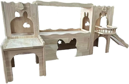Touch&Pet Luxury Hideaway Habitat Tunnel, Large Wooden Rabbit House, Deluxe Two-Story Bunny Tower, Portable Animal Castle, Animal Furniture, Ramp for Guinea Pigs, Small Pets