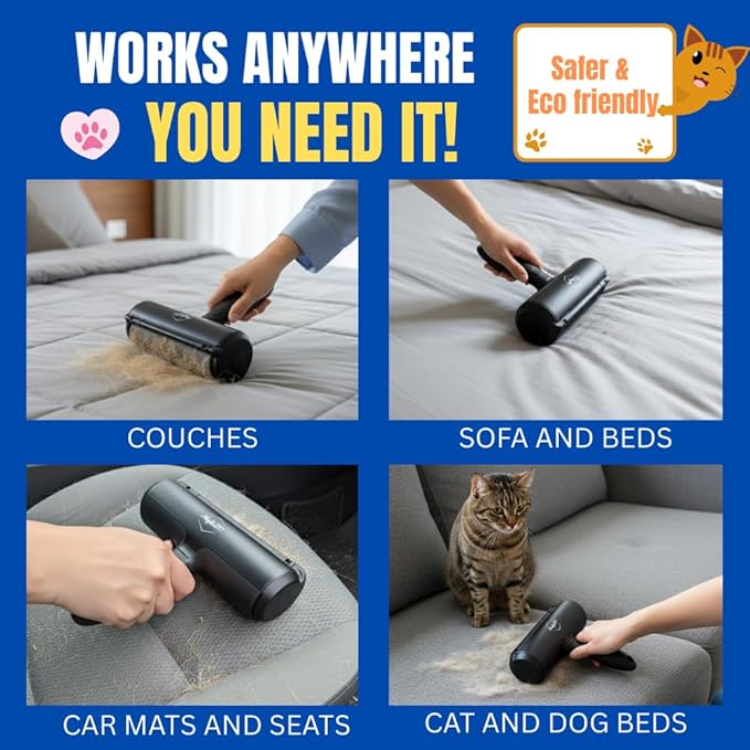 Pet Hair Remover Roller – Reusable Dog & Cat Hair Remover for Furniture, Couch, Bed, Carpet, Car Seats – Portable, Eco-Friendly Pet Hair Cleaner, No Sticky Sheets or Batteries Needed (Black)