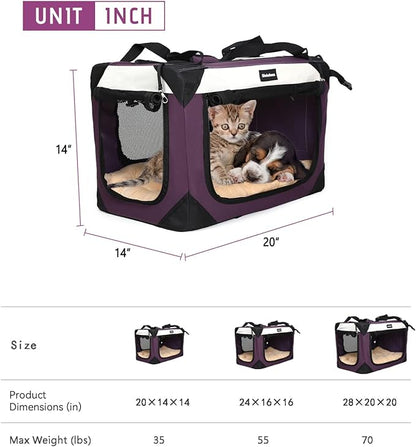 Large Cat Carrier, Collapsible Dog Travel Crate Portable Soft-Sided Pet Carrier with Super Soft Warm Plush Mat for Indoor and Outdoor 20x14x14in,Purple
